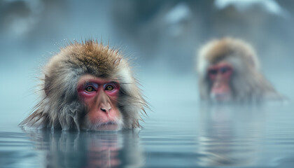 Two Japanese macaques, commonly known as snow monkeys, are partially submerged in the warm waters of a hot spring, with one in sharp focus in the foreground and the other slightly blurred in the misty
