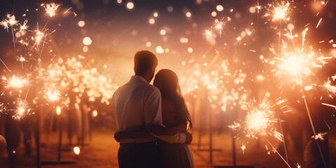 Cute couple in love giving a loss together the new year night | Romantic couple celebrating new year with love | Love Conquers All: Ringing in a New Year Hand-in-Hand
