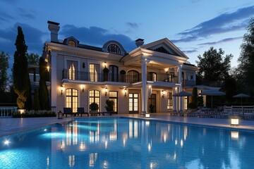 A luxurious private villa with a swimming pool at night in a country house.
