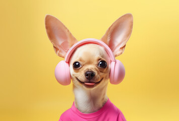 Funny Chuhuahua Dog in a pink T -shirt and pink headphones stuck out his tongue and listens to music, the dog on a yellow background in headphones.