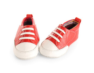 Stylish red baby shoes isolated on white background