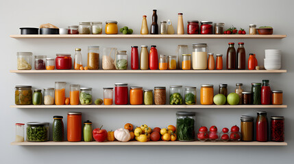 Various jars on wooden shelves.
