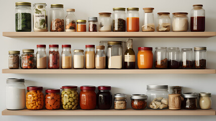 Various jars on wooden shelves.