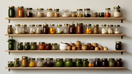 Various jars on wooden shelves.