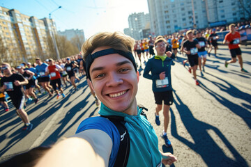 Young man marathon runner is taking a selfie picture while running a marathon, crowd of other runners and big city view in the background