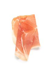 Slice of tasty prosciutto on white background