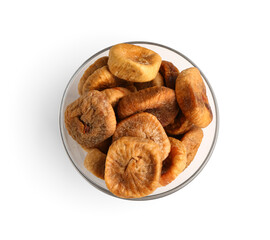 Glass bowl with sweet dried figs on white background