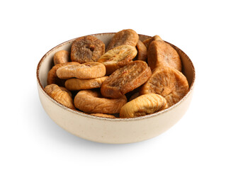 Bowl with sweet dried figs on white background