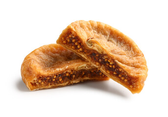 Cut sweet dried fig on white background