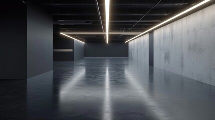 Empty hall with led lights on top, gray walls and glossy concrete floor. Industrial and factory design concept.