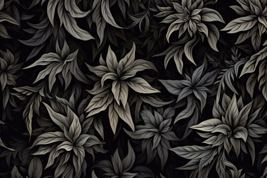 Seamless pattern with black and gray leaves