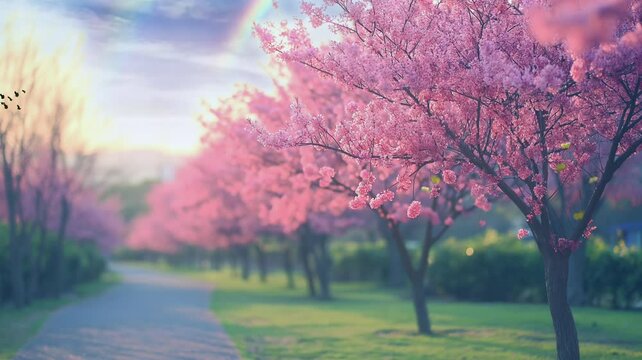 The cherry blossom tree features beautiful branches and softly colored blossoms that convey an elegant and enchanting impression when in full bloom, creating a stunning sight, looping video