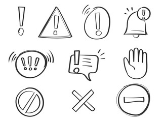 Alert, risk signhand drawn icon set. Caution, warning, exclamation mark