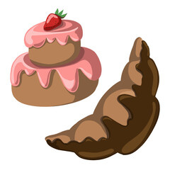 Vector illustration chocolate cake with cherry and chocolate croissant