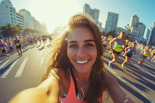 Young woman marathon runner is taking a selfie picture while running a marathon, crowd of other runners and big city view in the background