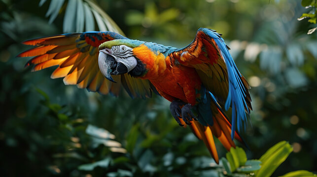 Hybrid parrot in the wild macaw flying in the green trees