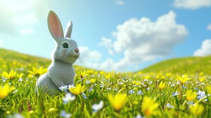 Fototapeta premium 3d cartoon a happy bunny sitting in a field of flowers. Copy space for text.