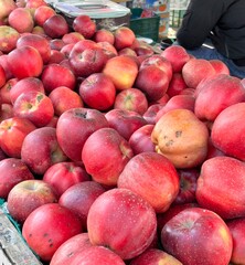 The harvested red apples are piled up