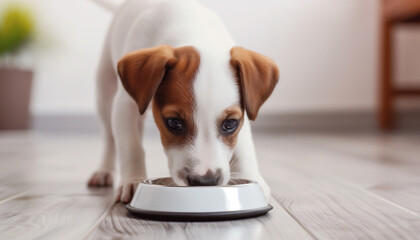 Adorable puppy eating from a white bowl in stylish modern home interior