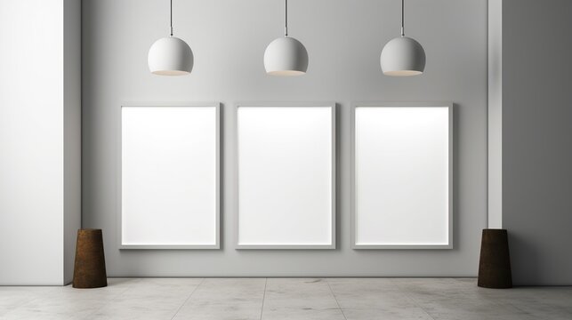 Three blank frame mockups on white wall in the room