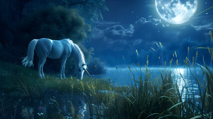 A unicorn grazing in a meadow, its horn glowing in the moonlight.