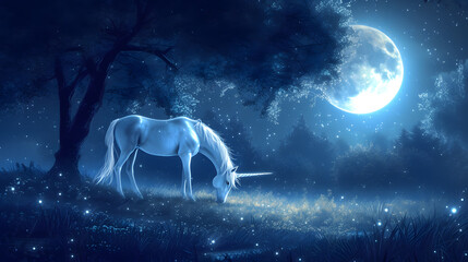 Obraz na płótnie Canvas A unicorn grazing in a meadow, its horn glowing in the moonlight.