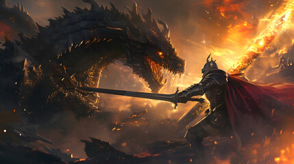 A knight in shining armor fighting a dragon, their battle illuminating the night sky.