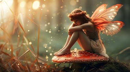 A fairy sitting on a mushroom, her wings fluttering in the breeze.