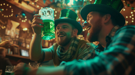 Fototapeta na wymiar Happy adult men celebrating saint patricks day at an irish beer pub