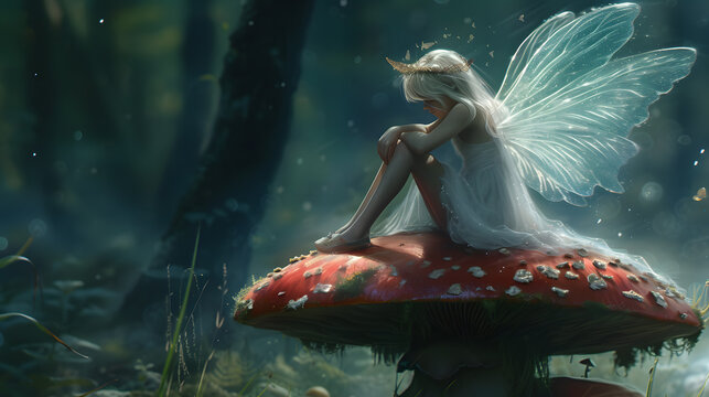A fairy sitting on a mushroom, her wings fluttering in the breeze.