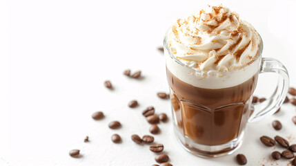 irish coffee with cream, Latte macchiato with whipped cream isolated on a white background with copy space.