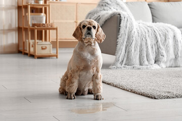 Cute Cocker Spaniel near wet spot on floor at home