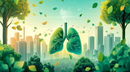 Green lungs - environmental protection concept - surreal illustration. - obrazy, fototapety, plakaty