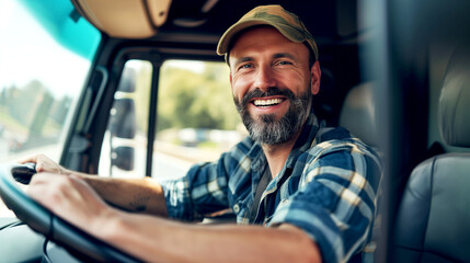 Happy truck driver talking on his cell phone and looking at the camera. - obrazy, fototapety, plakaty