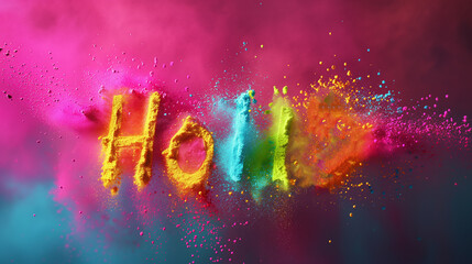 Vibrant holi word on colorful background with exploding colorful powder
