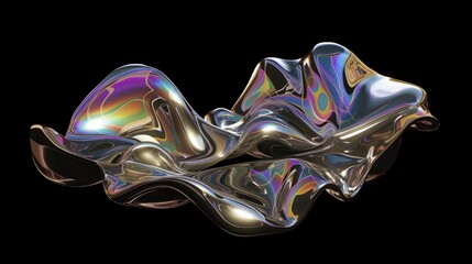 A 3D rendering of a melted holographic metal flow gracefully isolated against a black background, a mesmerizing and otherworldly visual experience.