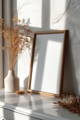 An A4-sized frame mockup placed delicately on a drawer, leaning against a bedroom wall.