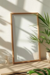 An A4-sized frame mockup placed delicately on a drawer, leaning against a bedroom wall.