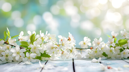 Fototapeta premium White wooden table with white cherry blossoms blooming on the branches of trees in the garden capture the beauty of spring. Empty ready for your product display or montage.