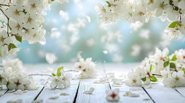 White wooden table with white cherry blossoms blooming on the branches of trees in the garden capture the beauty of spring. Empty ready for your product display or montage.