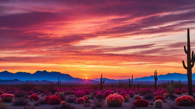 Vibrant colors of a desert sunset painting the sky with hues of orange pink and purple while the silhouette of cacti stands tall against the fading light