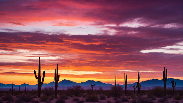 Vibrant colors of a desert sunset painting the sky with hues of orange pink and purple while the silhouette of cacti stands tall against the fading light