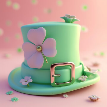 A whimsical and cute leprechaun hat with a buckle, love element, soft pastel colors, 3d icon clay render.