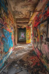Interior of an old abandoned factory building, with graffiti on the walls.
