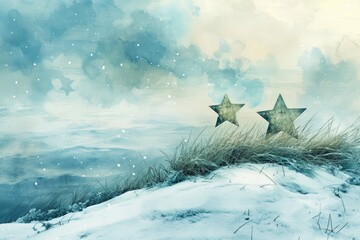 christmas background with stars and grass on the hill in winter season