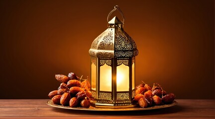 Fototapeta na wymiar Ramadan background. a beautiful ramadan lantern with a plate of dates. Ramadan kareem