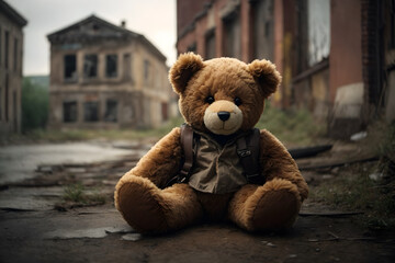 A teddy bear in front of an abandoned building