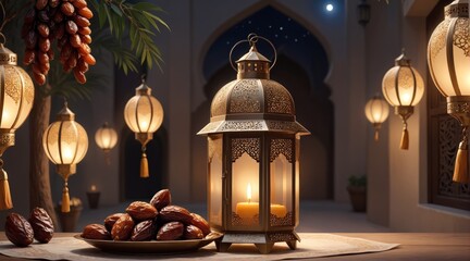 Ramadan background. a beautiful ramadan lantern with a plate of dates. Ramadan kareem - obrazy, fototapety, plakaty