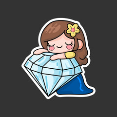 sticker of a princess hugging a big diamond, cartoon style, kawaii