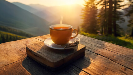 Hot cup of tea sits on an old wooden floor with a beautiful mountain view.